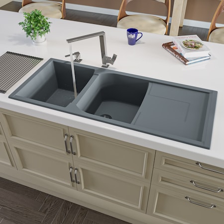 Alfi Brand Titanium 46" Dbl Bowl Granite Composite Kitchen Sink W/ Drainboard AB4620DI-T